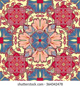 Vector bright pattern. East ornament with  colorful blue red yellow details on the turquoise background. Template for any surface. Elegant backdrop with oriental ornaments of mandalas.