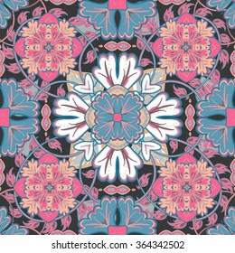 Vector bright pattern. East ornament with colorful blue pink white details on the turquoise background. Template for any surface. Elegant backdrop with oriental ornaments of mandalas.