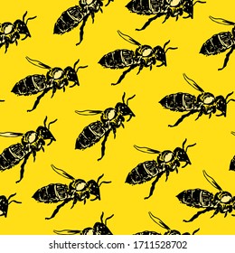 Vector bright pattern with honey bee. Engraving style.Yellow background, black and white freehand graphics.Insect in profile, side view