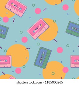Vector bright pattern with music cassettes for design paper, fabric, card, background. Flat style