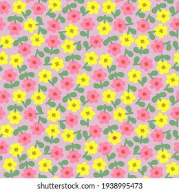 Vector bright pattern with stylized flowers. Cute seamless background with purple background and tiny yellow and pink flowers. Floral pattern for fabric and paper with spring and summer vibe.