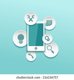 Vector bright phone infographic design with different icons on blue background