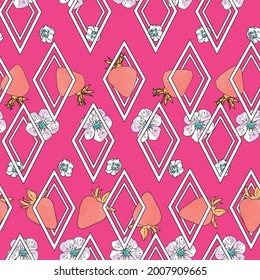 Vector bright pink background garden strawberries, berry flowers, berries fruits. Seamless pattern background
