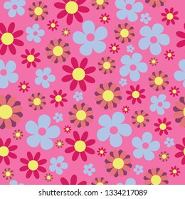Vector Bright Pink Blue Hippie Floral Seamless Pattern Background