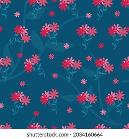 Vector of bright pink flowers with green leaves repeated on dark blue background. graphic decor print, beauty in nature design background concept digitally generated image.