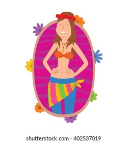 Vector bright pink oval frame with flowers. Frame with cartoon image of a woman hippie with brown hair. 