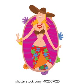 Vector bright pink oval frame with flowers. Frame with cartoon image of a woman hippie with long blond hair. 