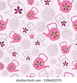 Vector Bright Pink Teapots Garden Tea Party Seamless Pattern Background. Perfect for wallpaper, fabric and scrapbooking projects.