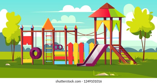 Vector bright playground for children at park. Game area with ropes, slide, housetop on green grass, color background. Cartoon construction for kids recreation. Colorful object for amusement.