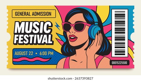 Vector bright pop art ticket to a music festival. Girl in headphones and glasses, comic design, juicy colors. Ideal for music events, parties and posters