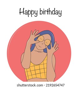 Vector bright postcard happy birthday. Cartoon girl with glasses. Colorful flat illustration.