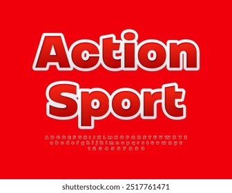 Vector bright poster Action Sport. Red Sticker Font. Trendy Alphabet Letters and Numbers set.