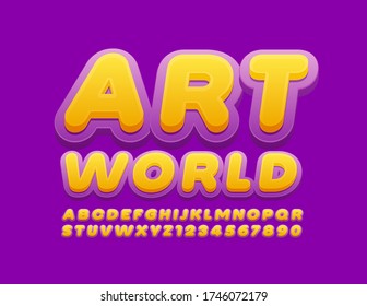 Vector bright poster Art World with Modern Font. Violet and Yellow Alphabet Letters and Numbers