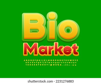 Vector bright poster Bio Market. Yellow and Green bright Font. Trendy Alphabet Letters and Numbers set