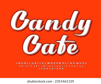 Vector bright poster Candy Cafe. Beautiful Cursive Font. Artistic Alphabet Letters, Numbers and Symbols set