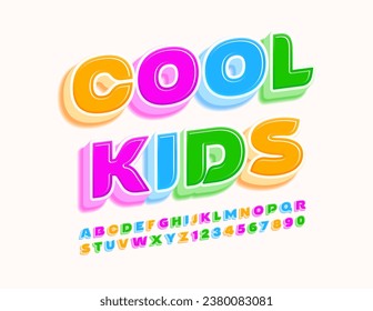 Cartel de Vector brillante Niños geniales. Fuente 3D colorida. Conjunto diverso de letras y números alfabetos rotados