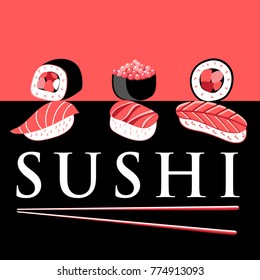 Vector bright poster with different sushi for advertising