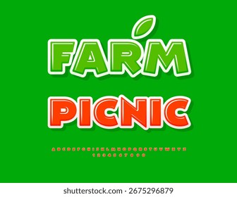 Vector Bright poster Farm Picnic. Artistic Red Font. Glossy Alphabet Letters and Numbers set.