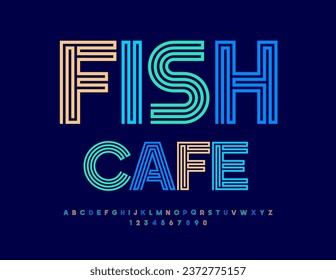 Afiche de un vector brillante Fish Cafe. Tipo de letra único. Letras y números de alfabeto coloridos