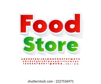 Vector bright poster Food Store. Creative Font. Modern Alphabet Letters, Numbers and Symbols set. 
