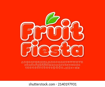 Vector Bright Poster Fruit Fiesta With Decorative Leaves. Red Glossy Font. Cute Alphabet Letters, Numbers  And Symbols Set