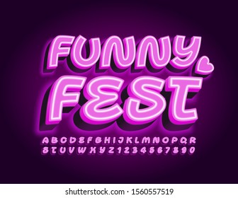 Vector bright poster Funny Fest. Violet neon Font. Electric Alphabet Letters and Numbers