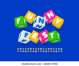 Vector bright poster Funny Fest. Alphabet Letters and Numbers set for Kids. Toy cube Font