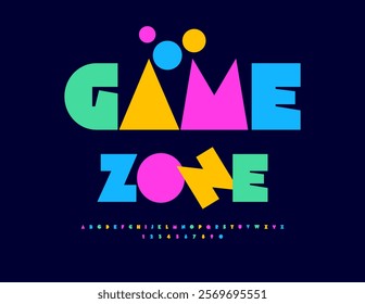 Vector bright poster Game Zone, Colorful abstract Font. Big playful Alphabet Letters and Numbers set