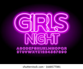 Vector bright poster Girls Night with Neon Glowing Font. Electric purple Alphabet Letters and Numbers