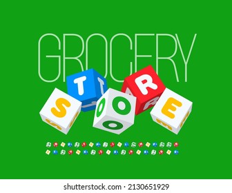 Vektor heller Poster Grocery Store mit bunten Blöcken Font. Playful 3D Alphabet Letter and Numbers.