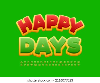 Afiche de Vector brillante Feliz Días con la fuente verde y amarilla divertida. Letras y números de alfabeto creativos para niños