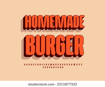 Vector bright poster Homemade Burger. Creative 3D Font. Modern Alphabet Letters and Numbers set.