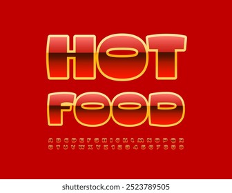 Vector bright poster Hot Food. Unique Red Font. Modern Glossy Alphabet Letters and Numbers set.