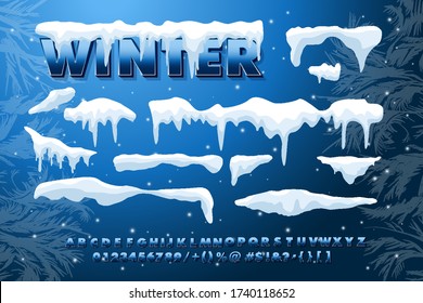 Vector Bright Poster With An Inscription And Winter Alphabet. Colorful Artistic Font. Creative White Snow Caps, Set For Winter