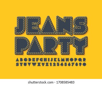 Vector bright poster Jeans Party with black textile Font. Modern Alphabet Letters and Numbers