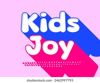 Vector bright poster Kids Joy. Playful Font with Big Pink Shadow. Children cute  Alphabet Letters and Numbers set.