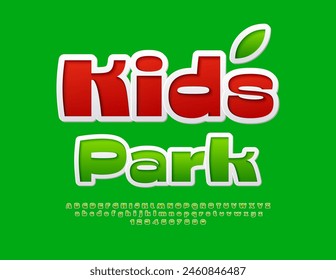 Vector bright poster Kids Park. Green Sticker Font. Unique Stylish Alphabet Letters and Numbers set. 