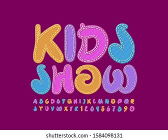 Espectáculo de Afiches de Vector brillante. Fuente colorida de jeans. Letras y números de alfabeto textil de moda