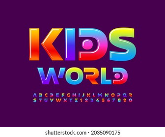 Afiche de Vector brillante Kids World. Fuente de color. Juego de letras y números de alfabeto abstracto creativo