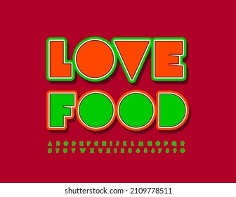 Afiche de Vector brillante Amo Comida. Tipo de letra de pegatina brillante. Estilo abstracto rojo y verde Alfabeto Letras y números establecidos