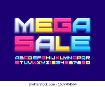 Vector bright poster Mega Sale with creative colorful Font. Glowing Alphabet Letters and Numbers