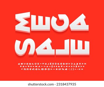 Vector brillante afiche Mega Sale. Fuente 3D blanca girada. Letras, números y símbolos de alfabeto creativos.