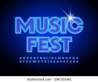 Afiche Vector brillante Fest de música con neón Font. Conjunto azul brillante de letras y números de alfabeto