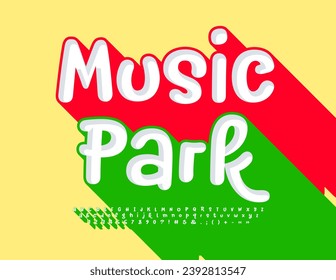 Vector bright poster Music Park. Fanny playful Font with Big Shadow. Green Handwritten Alphabet Letters and Numbers