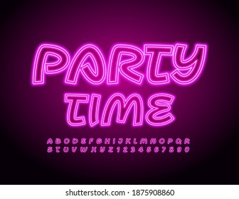 Vector bright poster Party Time. Neon Glowing Font. Playful Electric Alphabet Letters and Numbers