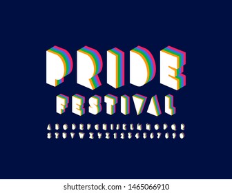 Vector bright poster Pride Festival with rainbow Font. Creative Uppercase Alphabet. Set of modern Letters and Numbers