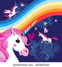 Vector bright poster with a rainbow and unicorns on a dark blue background
