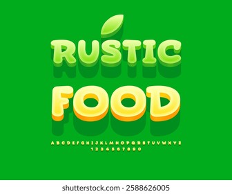 Vector Bright poster Rustic Food. Round Isometric Font. Decorative Alphabet Letters and Numbers set.