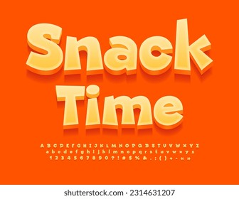 Vector bright Poster Snack Time. Funny 3D Font. Modern creative Alphabet Letters and Numbers set