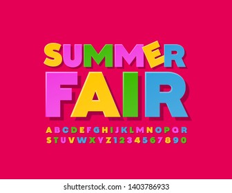 Vector bright poster Summer Fair with Uppercase Alphabet Letters and Numbers. Trendy Colorful Font